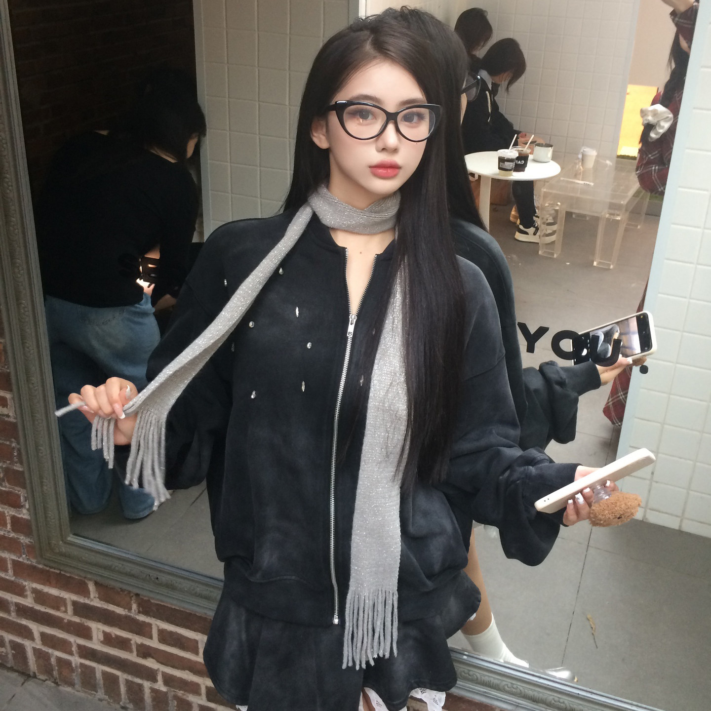 JAC FLEURANT24新款黑色水洗烫钻卫衣夹克腰带水洗拼接蕾丝百褶短