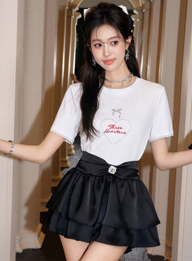 Three Quarters 24夏季黑色爱心烫钻logo印花蕾丝袖口T恤木兰合集