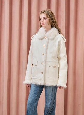 Three Quarters25AW 雪松白正反两穿宽松机车夹克皮毛外套