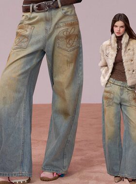 【折】VIAPITTI水洗做旧款大口袋宽松牛仔裤女装秋冬立体刺绣长裤