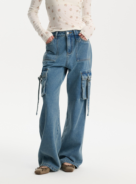 Three Quarters 25SS蓝色立体宽松口袋工装直筒牛仔裤春季新品