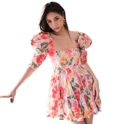 【清货折】For Love and Lemons新热情花朵印花方领泡泡袖连衣裙