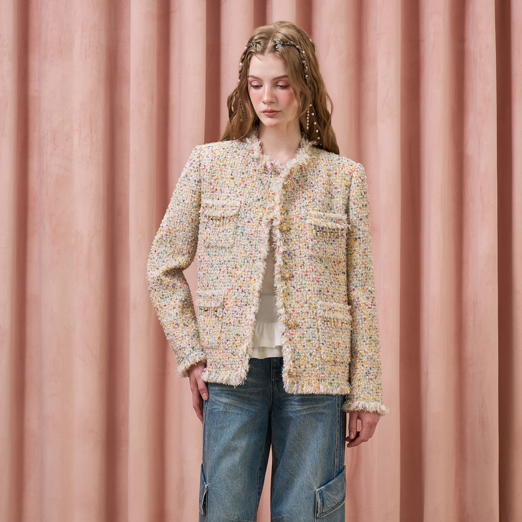 Three Quarters 25AW 彩点花色重工绵羊毛香风外套