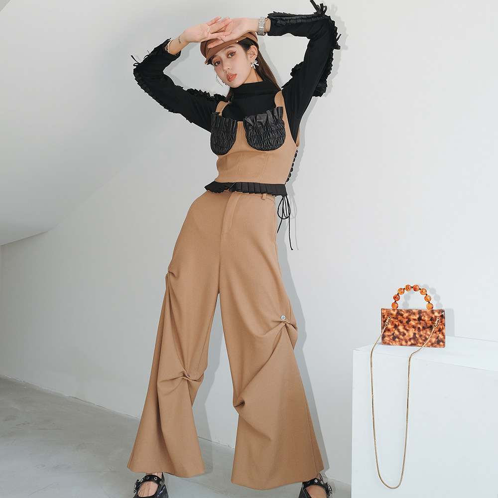 木兰 zzfy studio 2r拼接吊带马甲花边蝴蝶结镂空长袖阔腿裤长裤