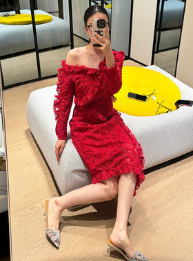 【清货折L码】whole9yard 红色蕾丝不规则连衣裙高级气质合集