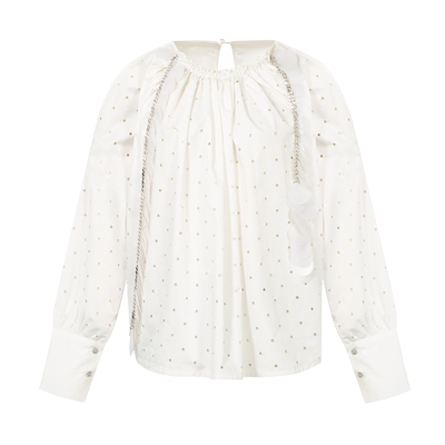 【折`】CEE CUBED款圆形镂空抽褶露肩链条装饰白色衬衫半裙