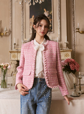 Three Quarters25AW 粉色羊毛粗花呢手工织带外套