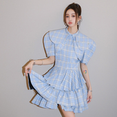 娃娃领外套两件套蓝格纹百褶裙连衣裙套装 新款 折 4MILE