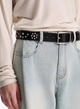 Three Quarters25SS 黑色头层牛皮铆钉真皮皮带