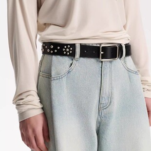 Three 黑色头层牛皮铆钉真皮皮带 Quarters25SS