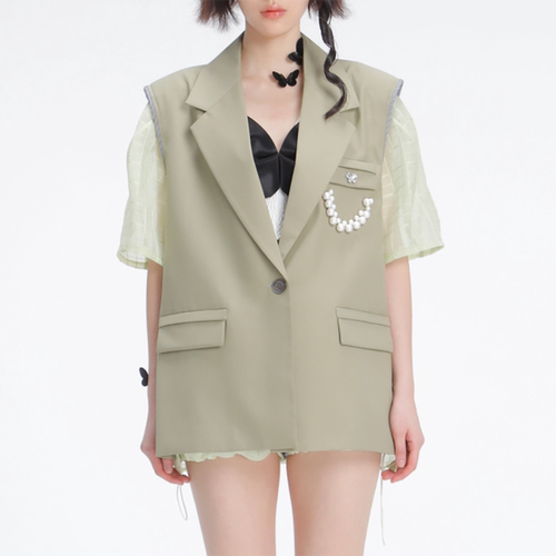 【折S】4MILE SS新设计师假两件抹茶绿清凉短袖西装西服外套