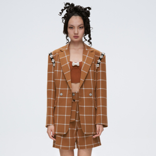 2RSS春夏新珠花肩链棕色格纹珍珠收腰西装 4MILE 短裤 折S