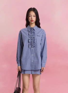 SOFITTE 25ss 蓝色格纹木耳花边休闲衬衫百褶半身A字短裙