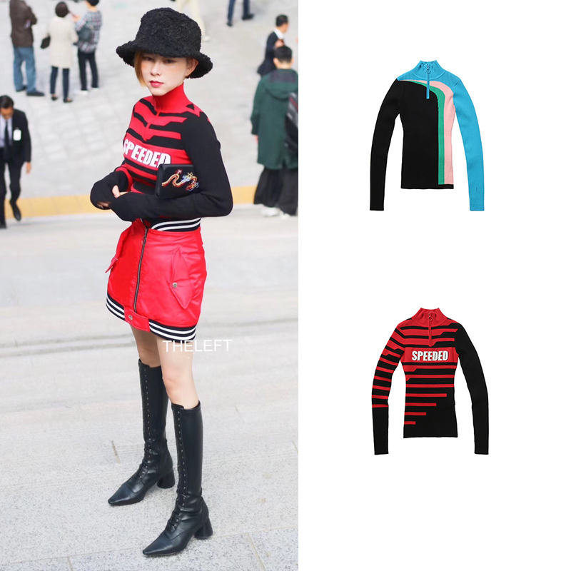 【折】【黑红S】CHRISOU BY DAN欧阳丹新品时尚撞色针织高领上衣