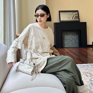 圆领水印花logo刺绣休闲长袖 ODTD新款 设计师女装 T恤女 折