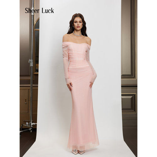 Sheer Luck 一Aurora Corset Dress一字肩弹力网纱氛围感鱼骨长裙