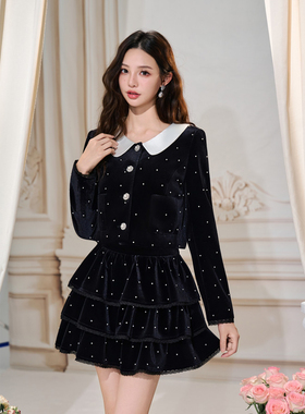Three Quarters 25AW 黑色丝绒钉珠拼色小香外套珠蓬蓬短裙