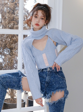 【折】For Love and Lemons 冰淇淋蓝小清新高领针织毛衣两件套