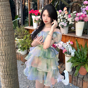 【清货折M】ARTE PURA绿色印花苞抹胸裙设计一字肩气质短裙连衣裙