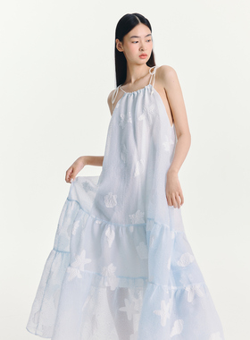 【折】ESTER HSU 25SS 提花挂脖绑带蓝色白色连衣裙