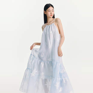 【折】ESTER HSU 25SS 提花挂脖绑带蓝色白色连衣裙