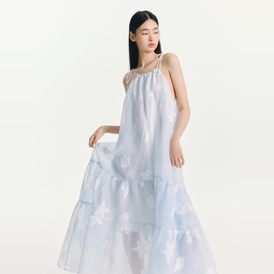 【折】ESTER HSU 25SS 提花挂脖绑带蓝色白色连衣裙