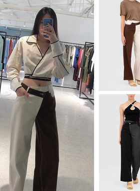 【折】C/meo 2R秋新款BEAT撞色不对称拼色女高腰牛仔裤长裤