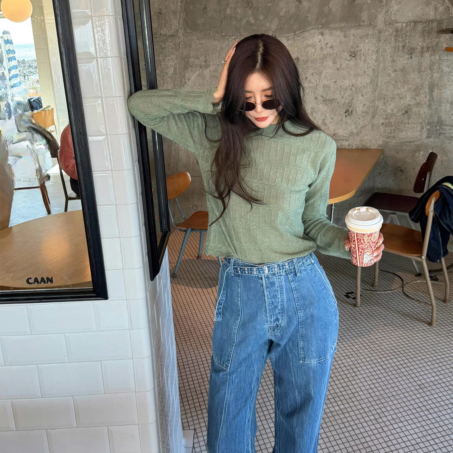 毕魔人Need Sun姜黄色印花棉质短袖TEE亚麻混纺钩织上衣牛仔裤女
