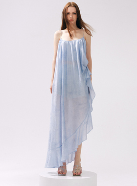 MOOD X MIURA 25SS 蓝色不对称荷叶边吊带上衣蓝色镂空钩针短裤