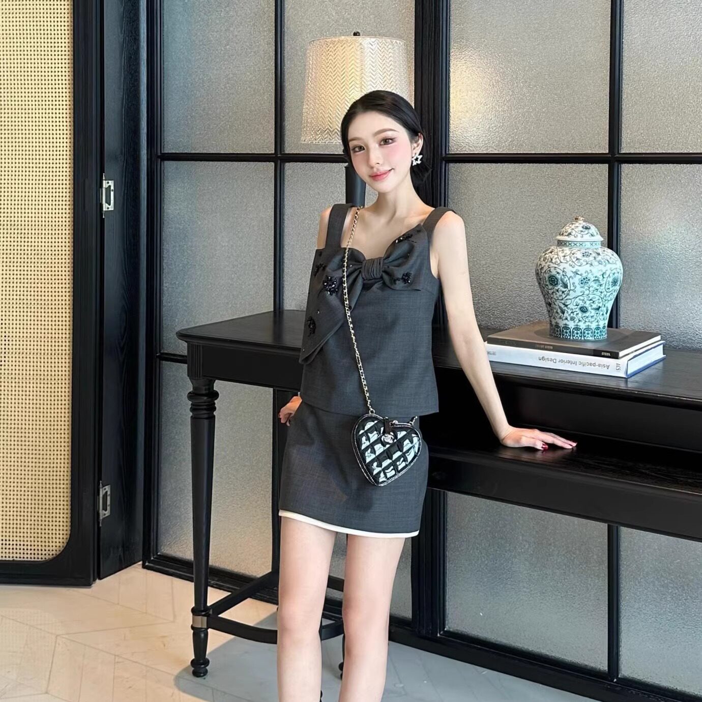 Maison Wester25SS千金风重工珠绣大蝴蝶结无袖灰上衣半裙