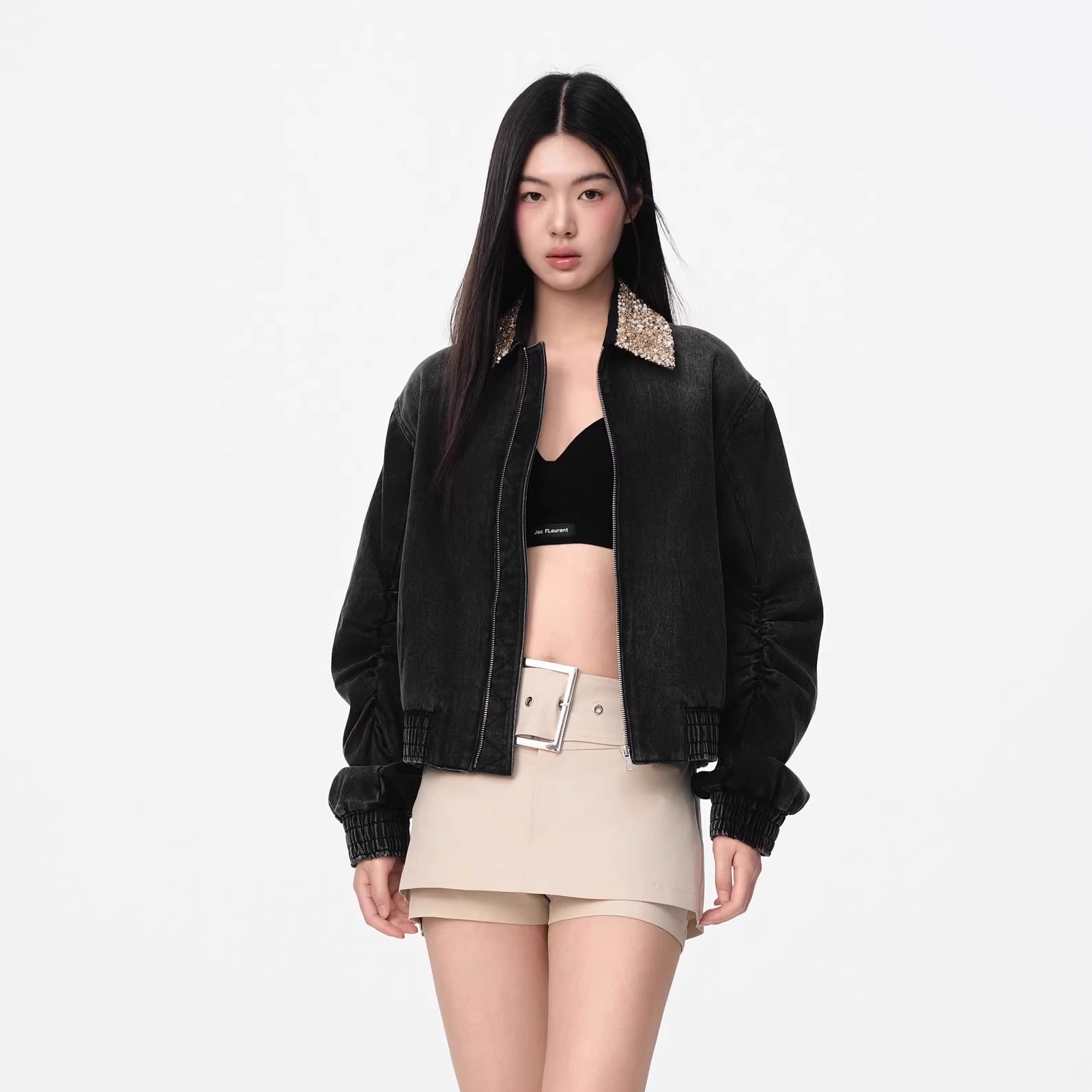 JAC FLEURANT 25ss 袖口褶皱亮片拼接牛仔外套卡其色腰带短裤裙