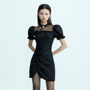 MIYO NAMAS 2R水钻中国风拼接镂空羽纱唯美显瘦旗袍裙 折