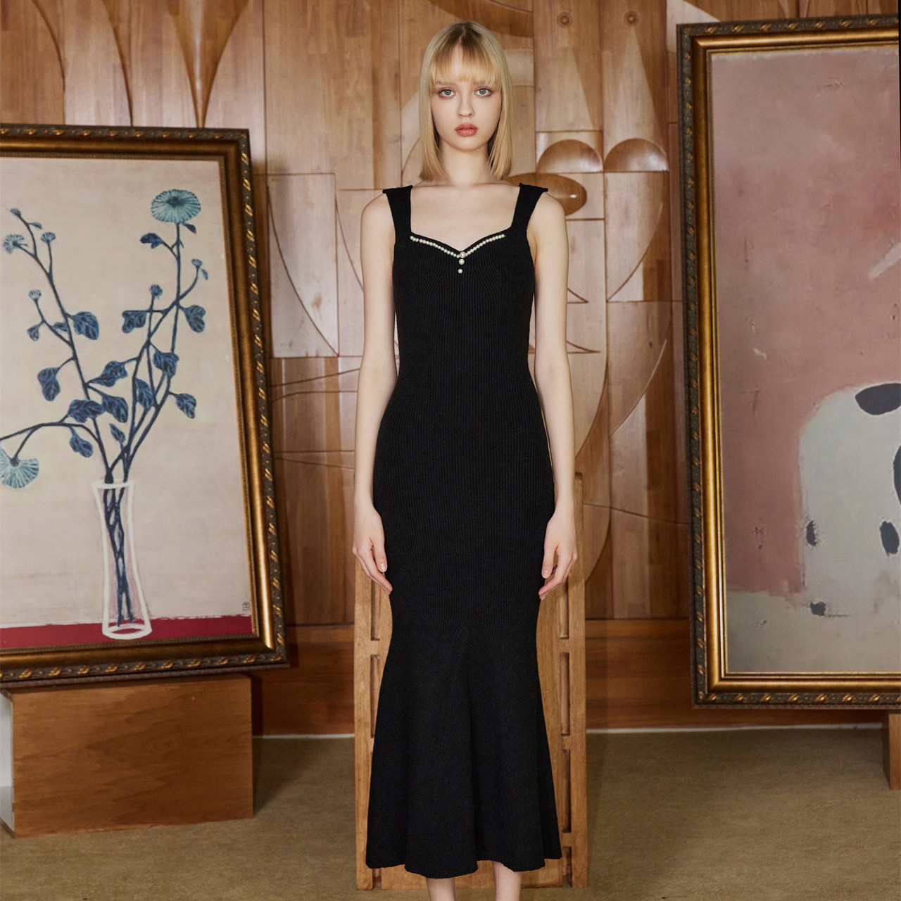 threequarters官方旗舰店秋季新手工珍珠鱼尾连衣裙百搭