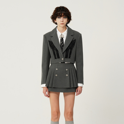 【折】4MILE设计师品牌 领蕾丝胸衣拼接短西装双排扣百褶裤裙