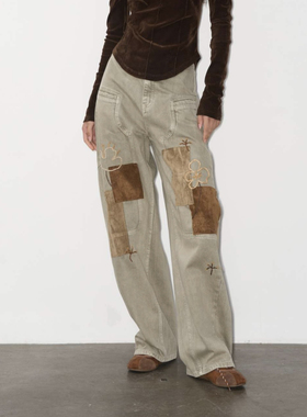 刘耀文同款IF BY LAND设计师品牌25年秋季绿色麂皮拼接绣花镰刀裤