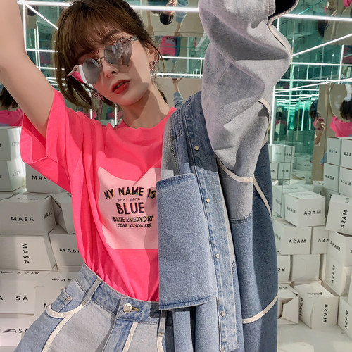 木兰买手店SJYP 2J新款牛仔衬衫外套/拼色短裤/粉色T恤 套装