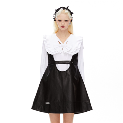 【折】ZZFY STUDIO U领小羊皮黑色背带裙娃娃领蝴蝶结衬衣