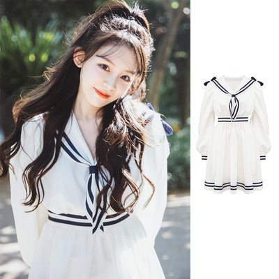 【折`】桃六酱新日系jk制服水手服海军风蝴蝶结收腰泡泡袖连衣裙