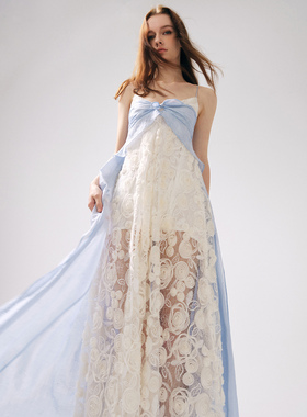 MOOD X MIURA 25SS 蓝白色玫瑰花网纱拼接吊带连衣裙