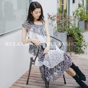 【SM】Elliatt斜领吊带蛋糕气质刺绣蕾丝长款连衣裙