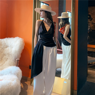 黑色吊带性感V领高腰赫本风绑带流苏女木兰 MISHA新款 折