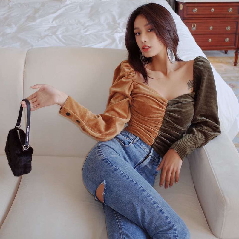 【折】Masion Wester 双色拼接丝绒方领上衣修身破洞牛仔裤