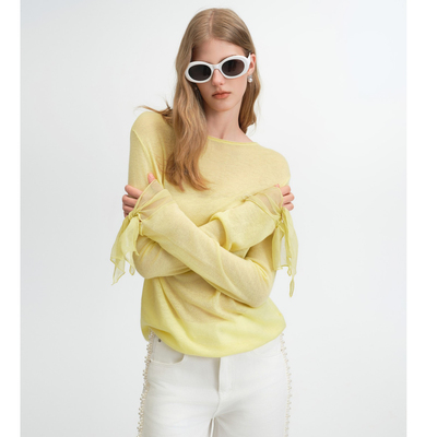 Maison Wester25秋季新款 浅黄色圆领喇叭袖拼接上衣