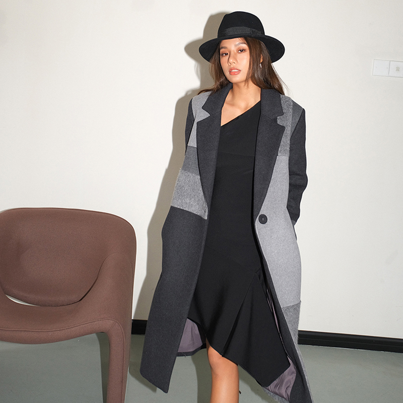 【折】【折】C/meo collective灰黑拼色长秋冬大衣不对称连衣裙