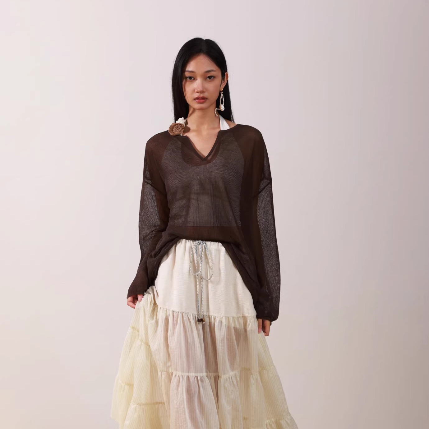 【折】OFF COURSE亨利领天丝防晒针织罩衫天丝亚麻大摆蛋糕长裙