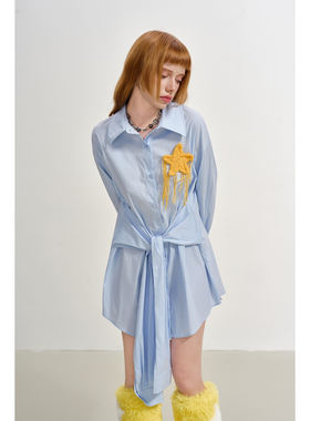 SOFITTE 25AW秋季新款 蓝色毛织星星条纹衬衫连衣裙