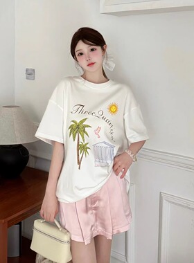 Three Quarters25SS 粉色烫钻印花图案短袖T恤