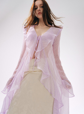 MOOD X MIURA 25SS 紫色荷叶边系带长款上衣香槟色缎面半身裙