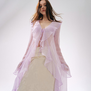 MOOD X MIURA 25SS 紫色荷叶边系带长款上衣香槟色缎面半身裙