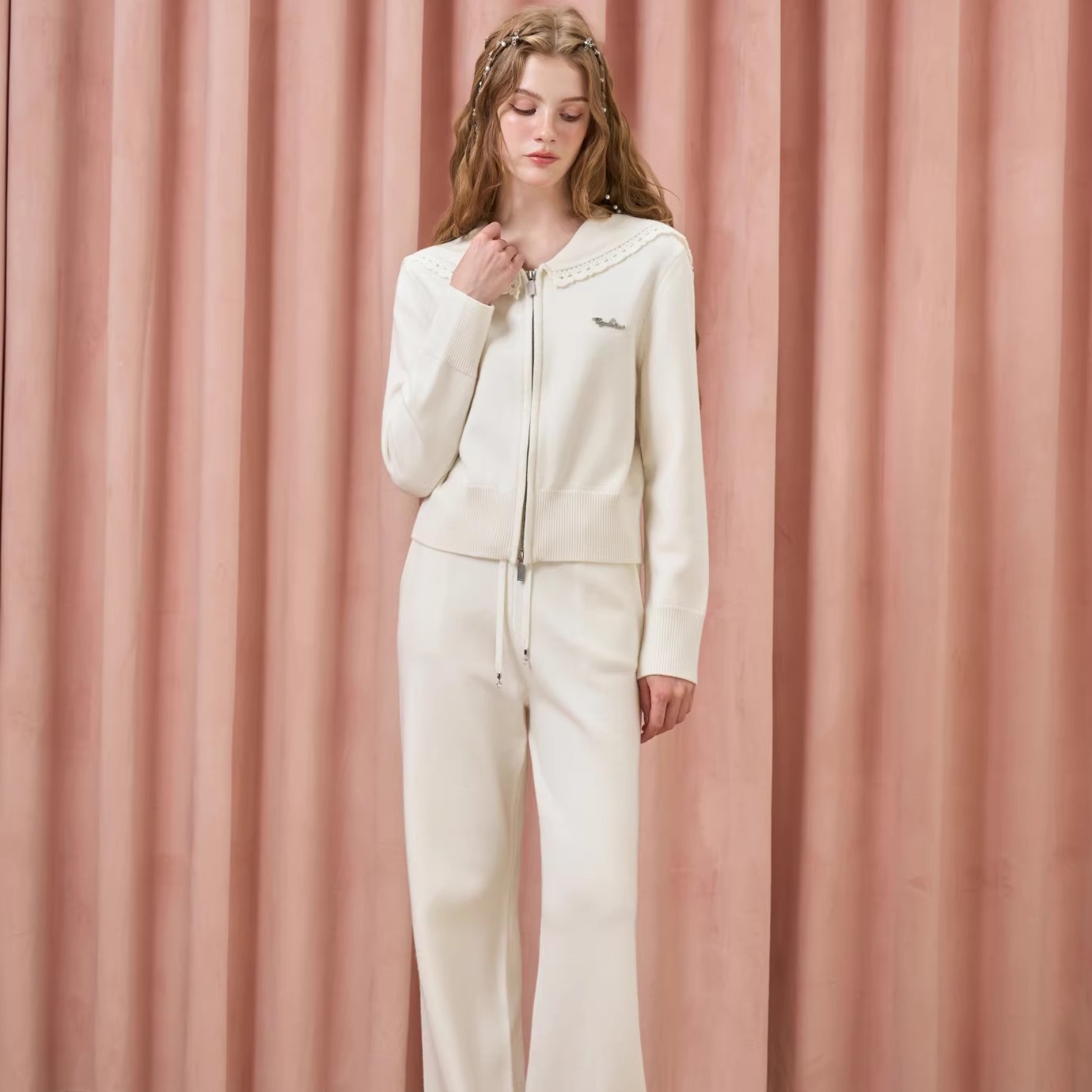 Three Quarters25AW米色钩花绵羊毛海军领针织开衫垂感阔腿长裤